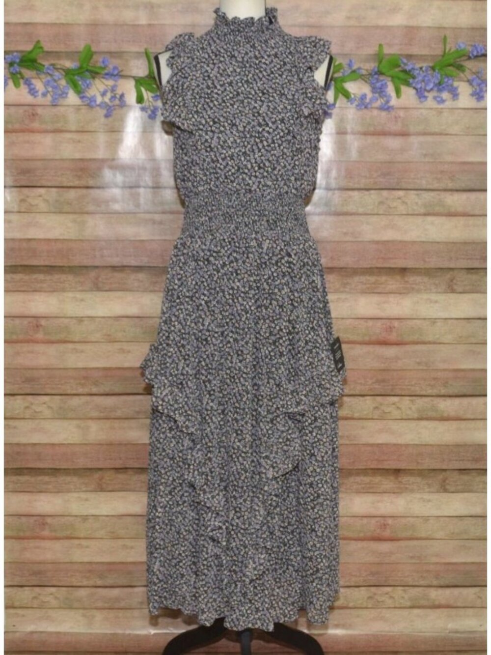 NWT Lulus Size M Evalina Black Micro Dark Floral Mock Neck Midi Dress - Picture 2 of 16